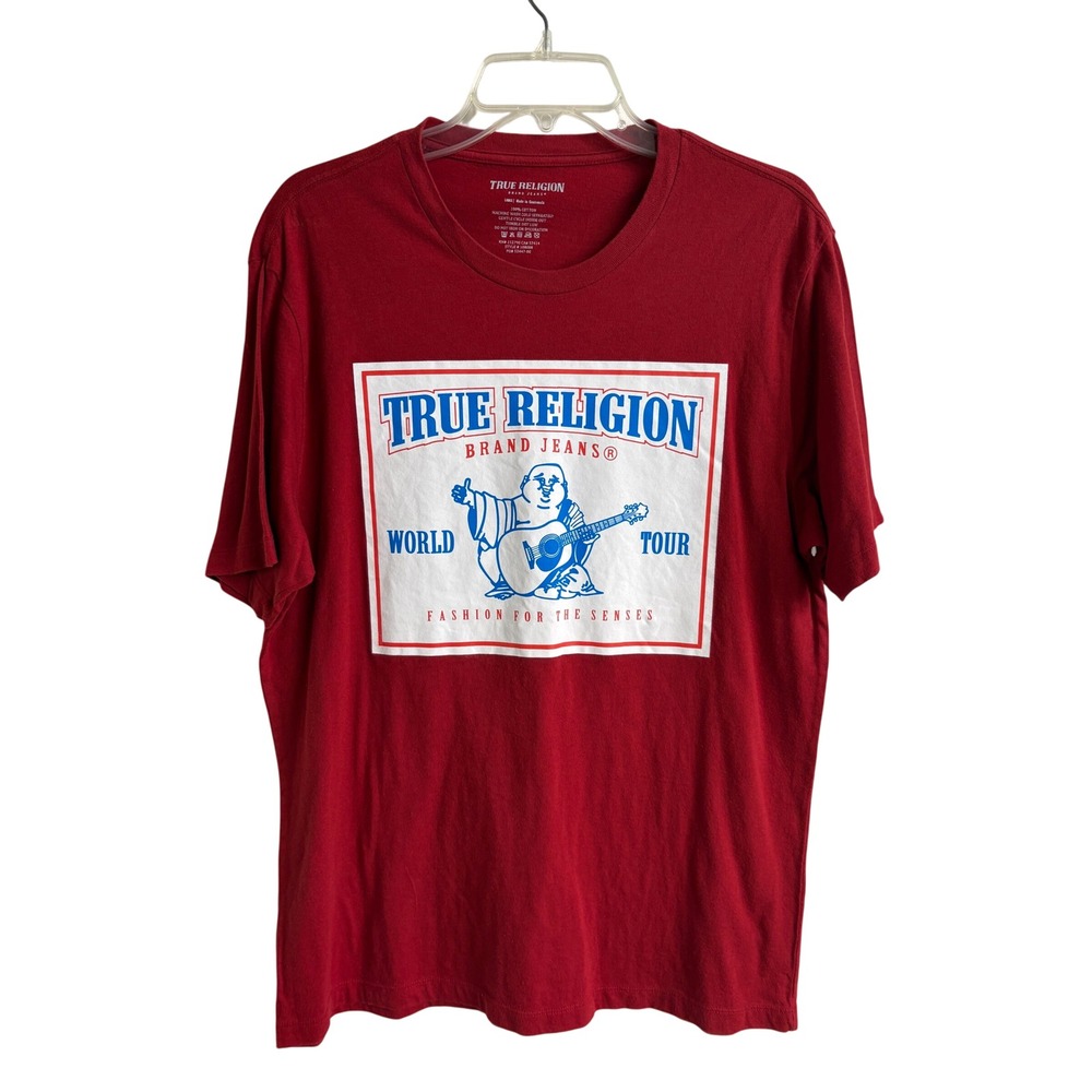 True Religion Mens Buddha World Tour Graphic T-Shirt Red Large Y2K Streetwear